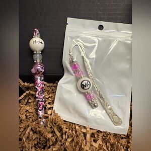Pink and Silver Beaded Bookmark and Pen Set